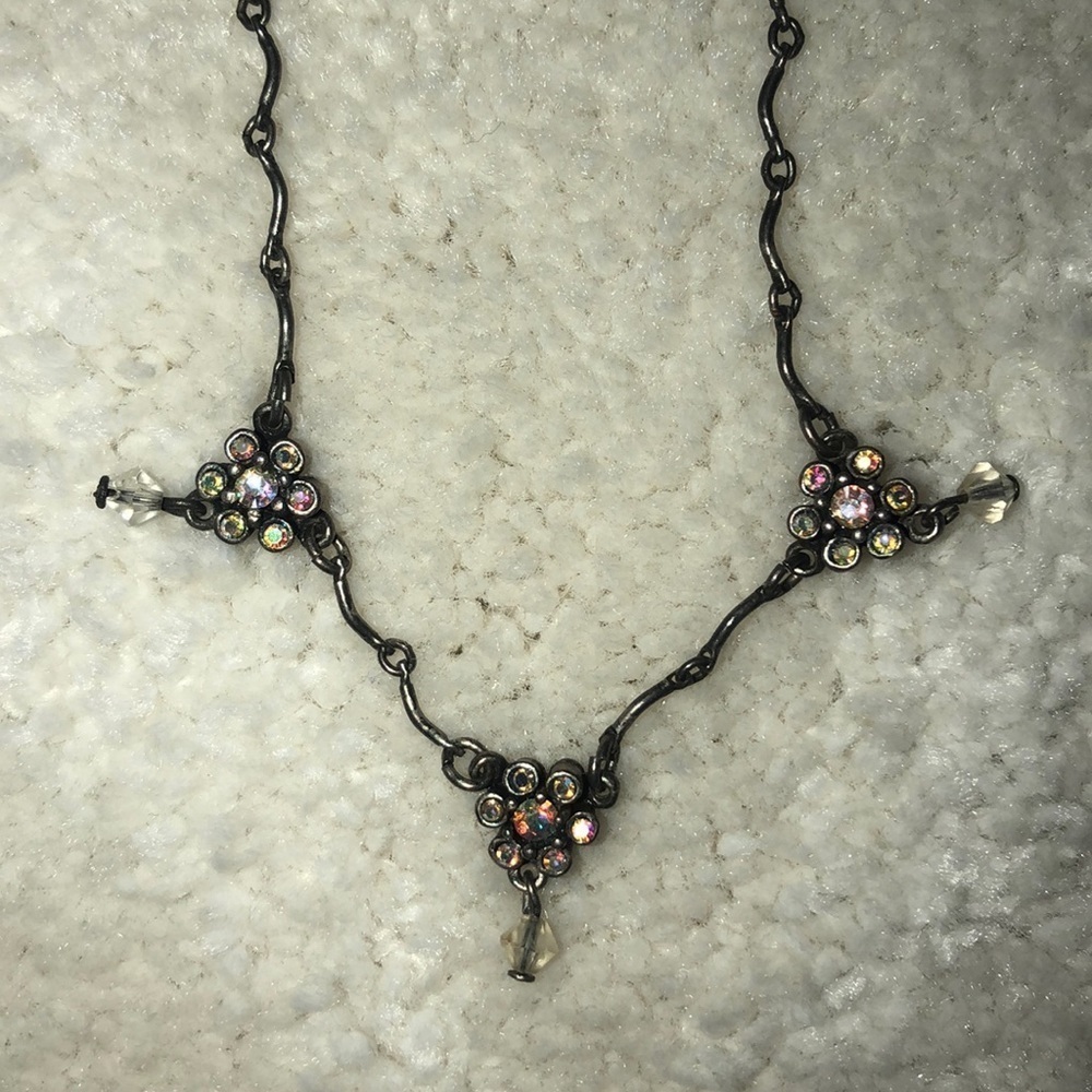 Dark Metal Chain Necklace with Iridescent Crystals